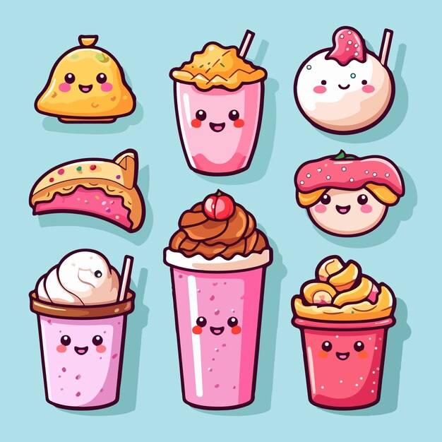 Vector kawaii food cartoon flat vector illustration set with isolated background