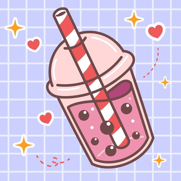 Vector kawaii food cartoon of milk tea boba drink illustration vector icon of cute japanese anime manga