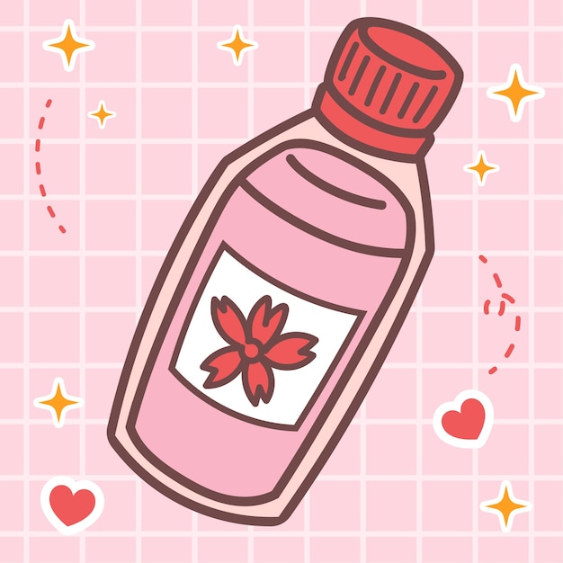 Kawaii food fresh sakura water bottle drink Vector cute cartoon illustration Japan anime manga style