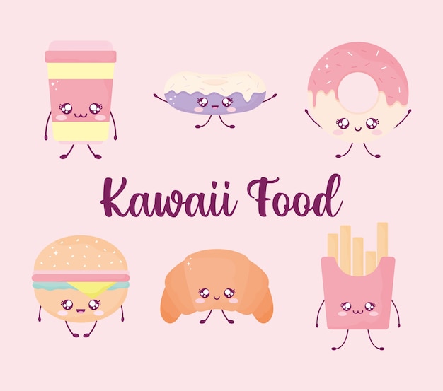 Kawaii food lettering and set of kawaii food on pink background.