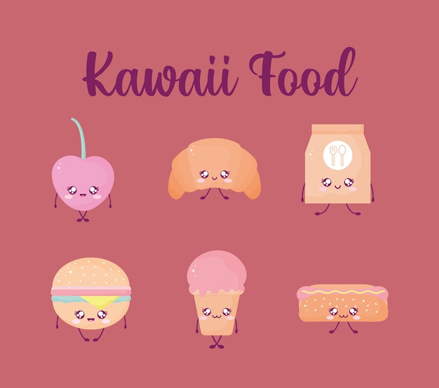 Vector kawaii food lettering and set of kawaii food.