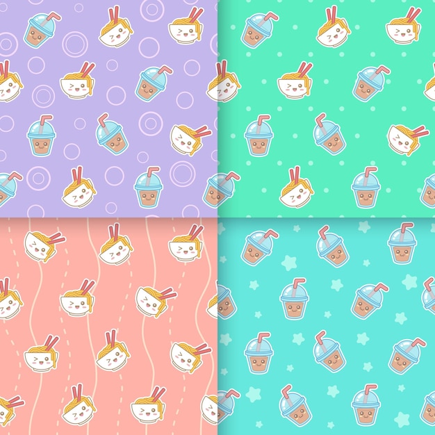 Vector kawaii food seamless pattern set