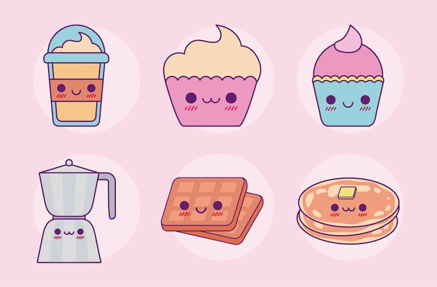 Kawaii food set design di cartoni animati