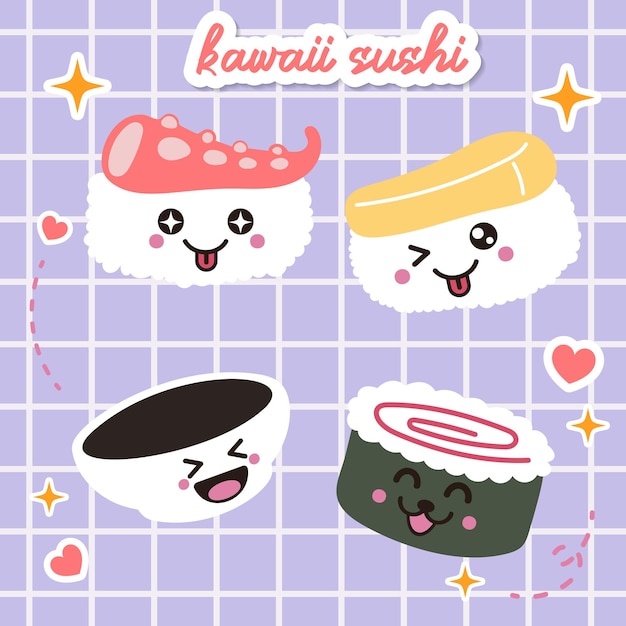 Kawaii food sushi cute cartoon flat illustration Japan anime manga vector style