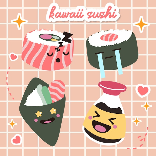 Kawaii food sushi cute cartoon flat illustration Japan anime manga vector style