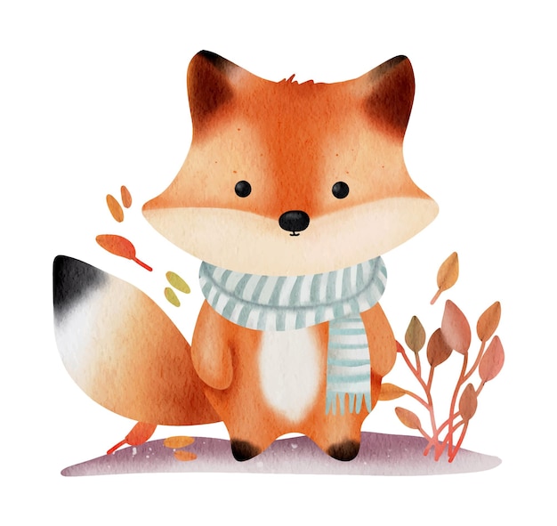 Kawaii fox chilling in the autumn season watercolor illustration