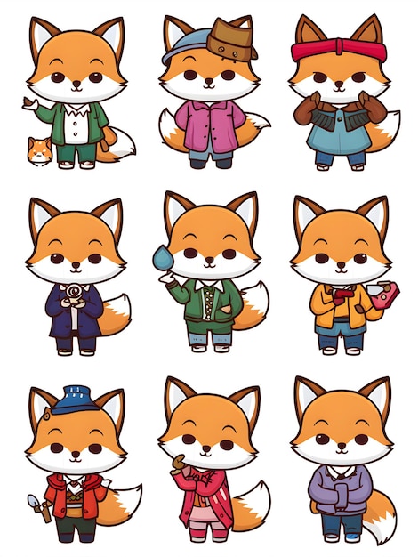 Вектор Коллекция kawaii fox clipart 9 милых наклейки для дизайна декораций
