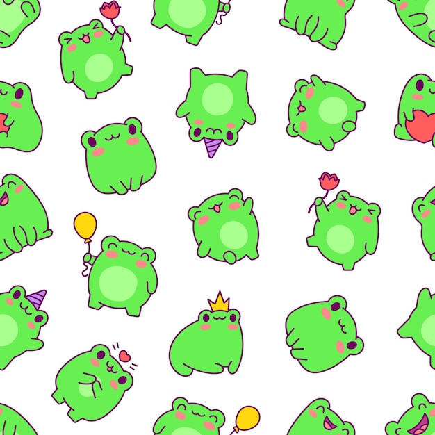 Vector kawaii frog cartoon character seamless pattern