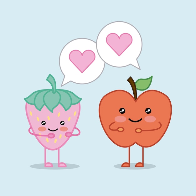 Vector kawaii funny apple and strawberry cartoon