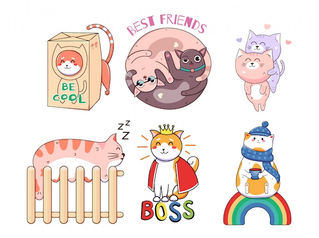 Kawaii funny cats stickers. print on t-shirts, sweatshirts, cases for mobile phones, souvenirs, scrapbooking elements.  illustration