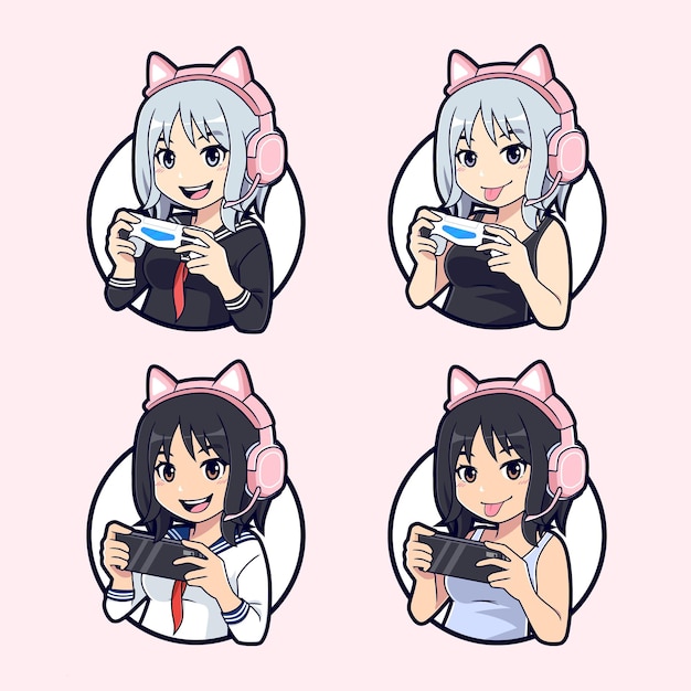 Kawaii gamer girl esport sticker set Вектор логотипа талисмана игрового персонажа