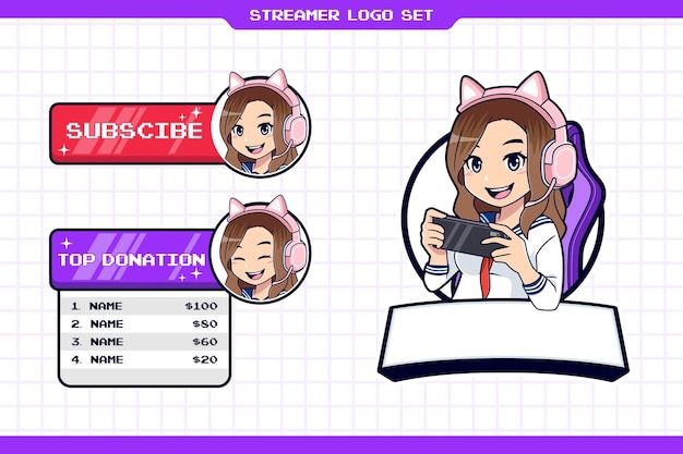 Kawaii gamer girl mascot logo set for esport or streamer