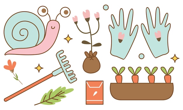 Kawaii garden doodle set vector