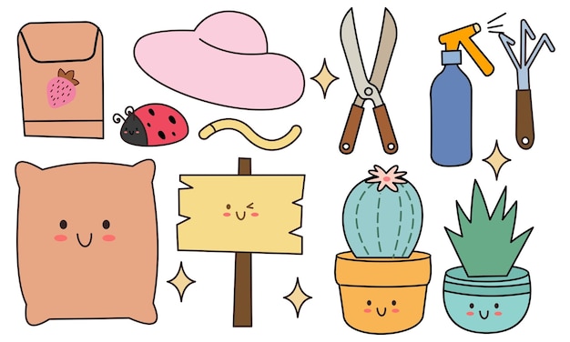 Kawaii garden doodle set vector