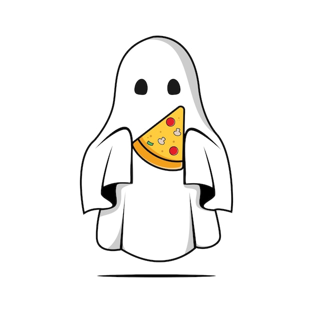 Kawaii ghost eating pizza Happy Halloween Cute cartoon spooky character Vector illustration