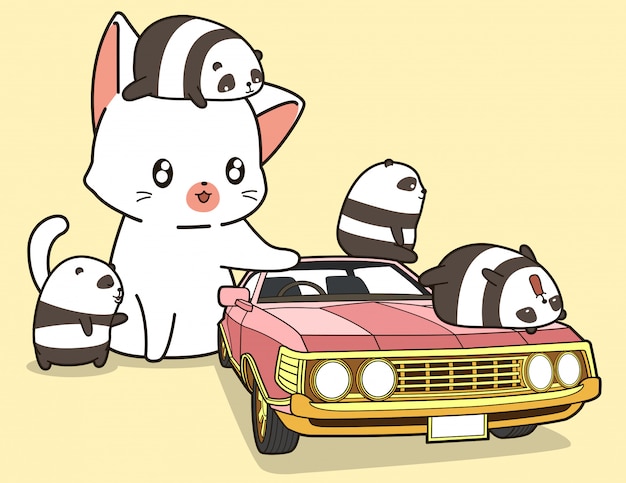 Gatto gigante kawaii e piccoli panda con auto rosa.