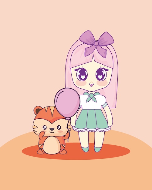 Vector kawaii girl with cute animal