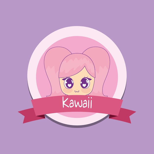 Vettore ragazza kawaii con cornice a nastro