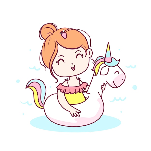 Kawaii girl with unicorn swimming pool ring llustration