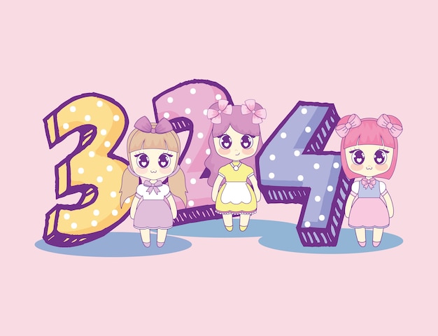 kawaii girls with number birthday card