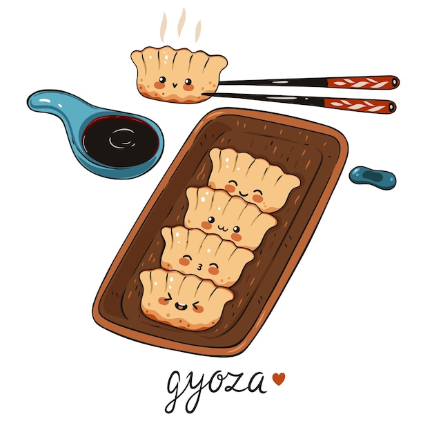 Kawaii gyoza in houten plaat geïsoleerd op witte achtergrond Vector graphics