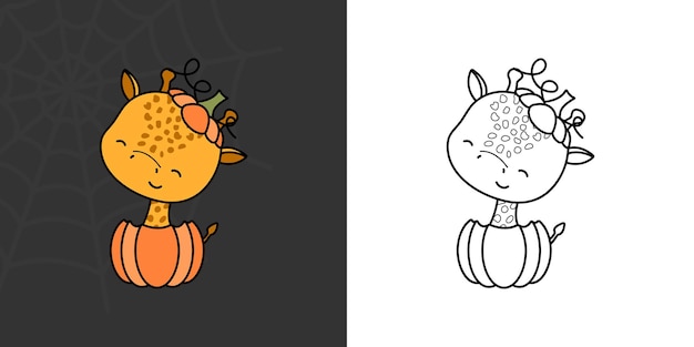 Kawaii Halloween Giraffe Clipart veelkleurig en zwart-wit. Leuk Kawaii Halloween-personage.