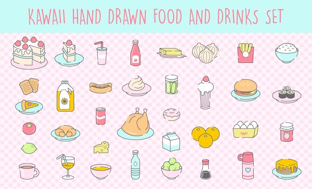 Kawaii hand drawn food and drinks set