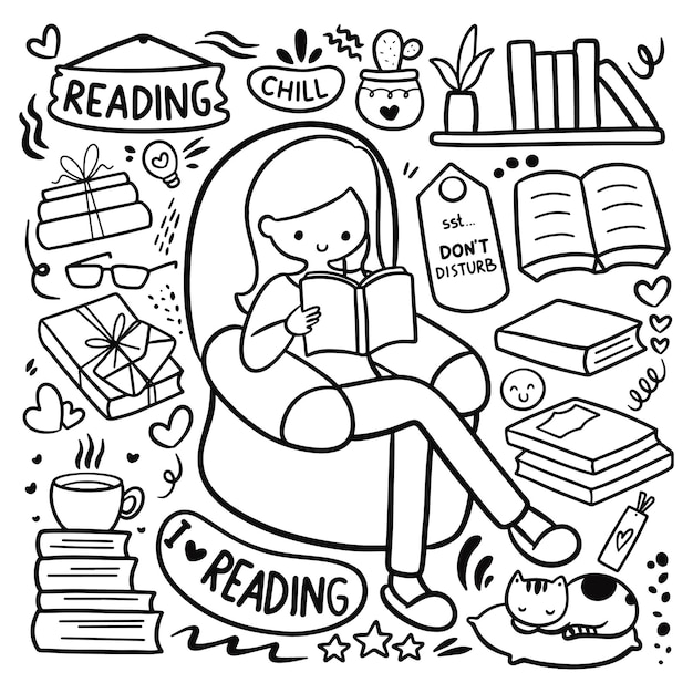 kawaii hand drawn reading book hobby doodle vector illustration