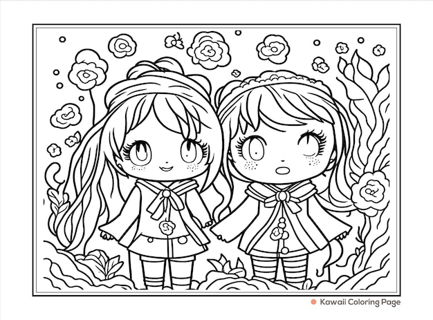 Kawaii handdrawn coloring book illustration