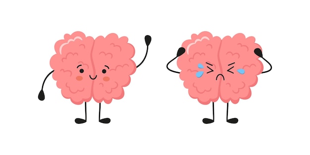 Personaggio del cervello umano felice kawaii e personaggio del cervello che piange triste. simboli disegnati a mano di mente sana e disturbo psicologico. illustrazione del fumetto vettoriale isolata su sfondo bianco.