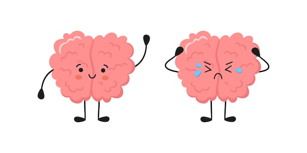 Kawaii happy human brain character and sad crying brain character. hand drawn symbols of healthy mind and psychological disorder. vector cartoon illustration isolated on white background.