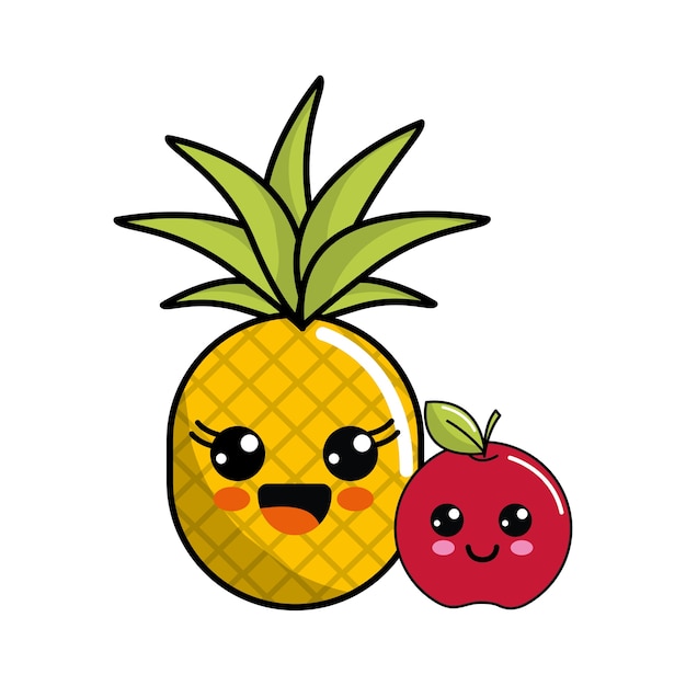 kawaii happy pineapple and apple icon