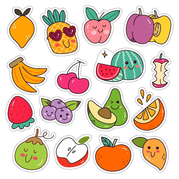 Vector kawaii healthy fruit sticker set