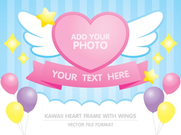 kawaii heart shape photo frame with cute wings and ribbon element