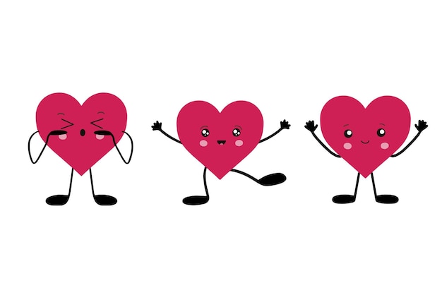 Kawaii hearts a set of cute emoji icons Handdrawn emotional cartoon characters