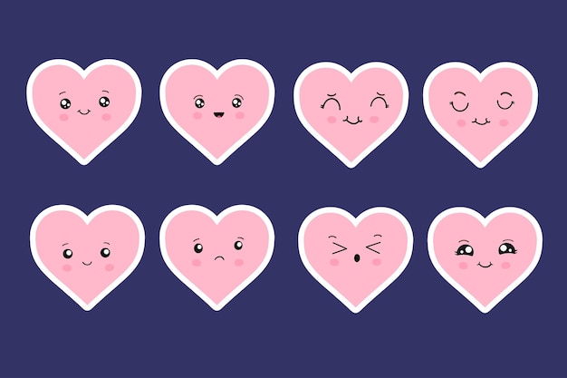 Kawaii hearts set of cute emoji icons stickers hand drawn
emotional cartoon characters cute love characters with different
faces funny positive emotions