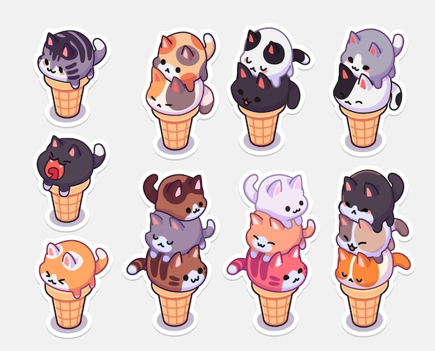 Kawaii ice cream cats наклейки на мороженое с разными шариками в виде круглых котят