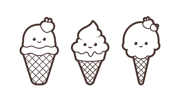 Kawaii ice cream dessert in a waffle cup black outline vector illustration in cartoon style