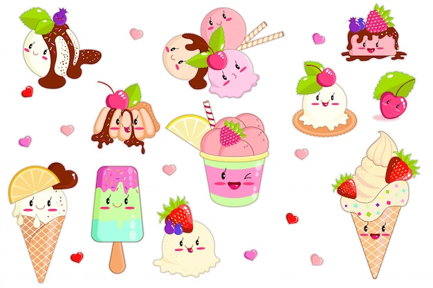 Vector kawaii ice cream in waffle cones and sweet fruits