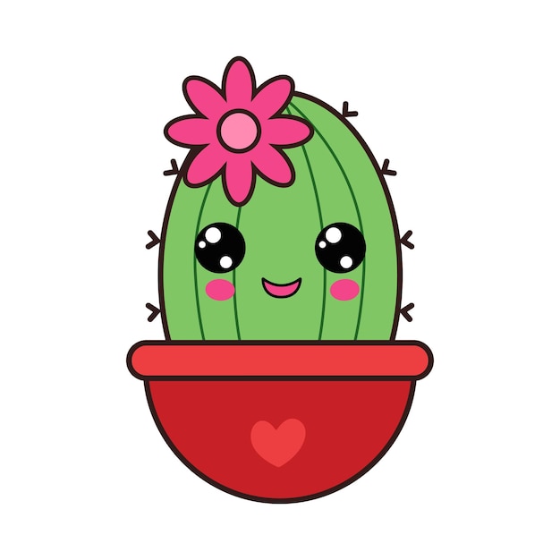 Illustrazione kawaii di un cactus in un vaso di fiori.