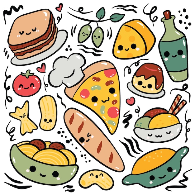 kawaii italian food hand drawn doodle
