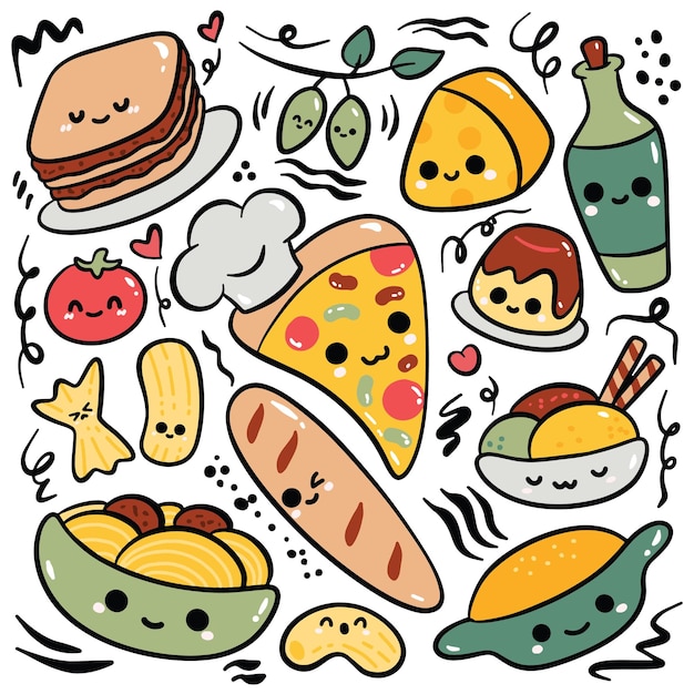 Kawaii italian food hand drawn doodle