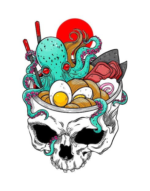 Vector kawaii japanese anime skeleton ramen halloween