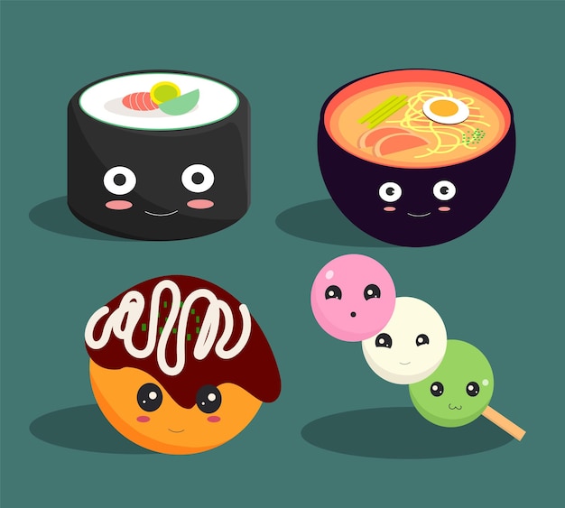 Vector kawaii japanese food ramen sushi takoyaki and sweet dango