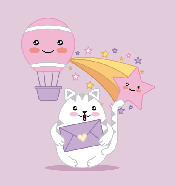 Vector kawaii kat houdt bericht liefde luchtballon cartoon