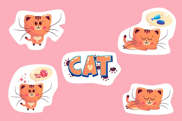 Kawaii kat sticker set met vis poot wirwar Vector eenvoudige cartoon afbeelding Grappige cartoon