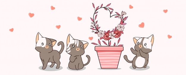 Kawaii katten zorgen voor een hartvormige plant