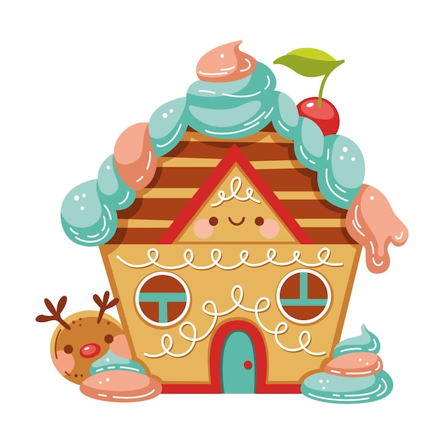 Kawaii kerst peperkoek huis cartoon vectorillustratie