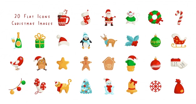 Kawaii kerst plat pictogrammen - santa claus, kalender, geschenkdoos, kerstboom