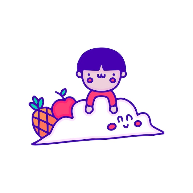 Kawaii kid with cloud, pineapple, and apple fruit, illustration for t-shirt, sticker.